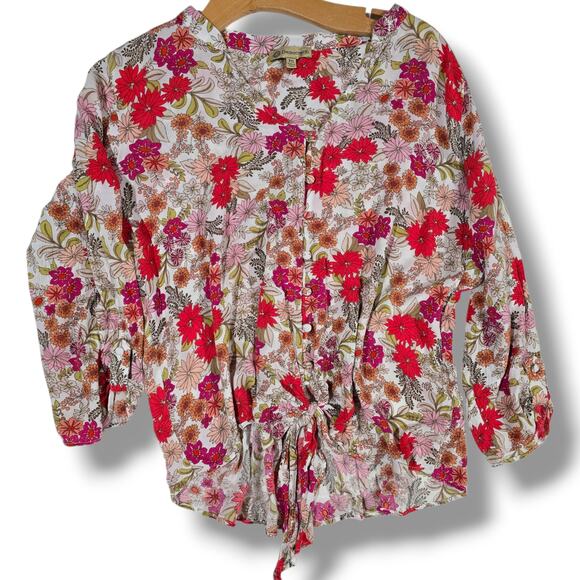 Democracy Women’s Floral Tie-Front Blouse PS Petite – 100% Rayon Boho Style - Picture 6 of 9